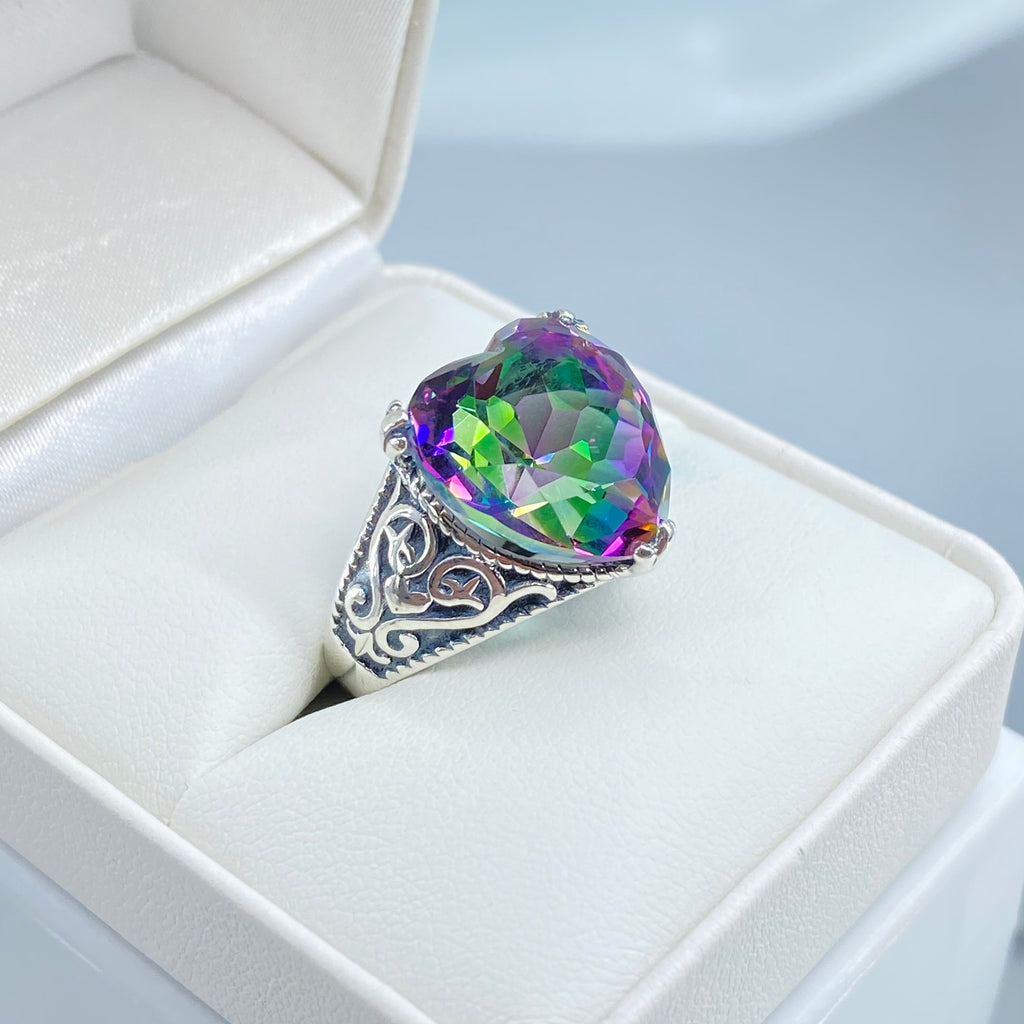 Rainbow Heart Ring, Mystic Topaz Ring, Gothic Sterling silver Filigree, Victorian style, Silver Embrace Jewelry, D132-HeartGoth