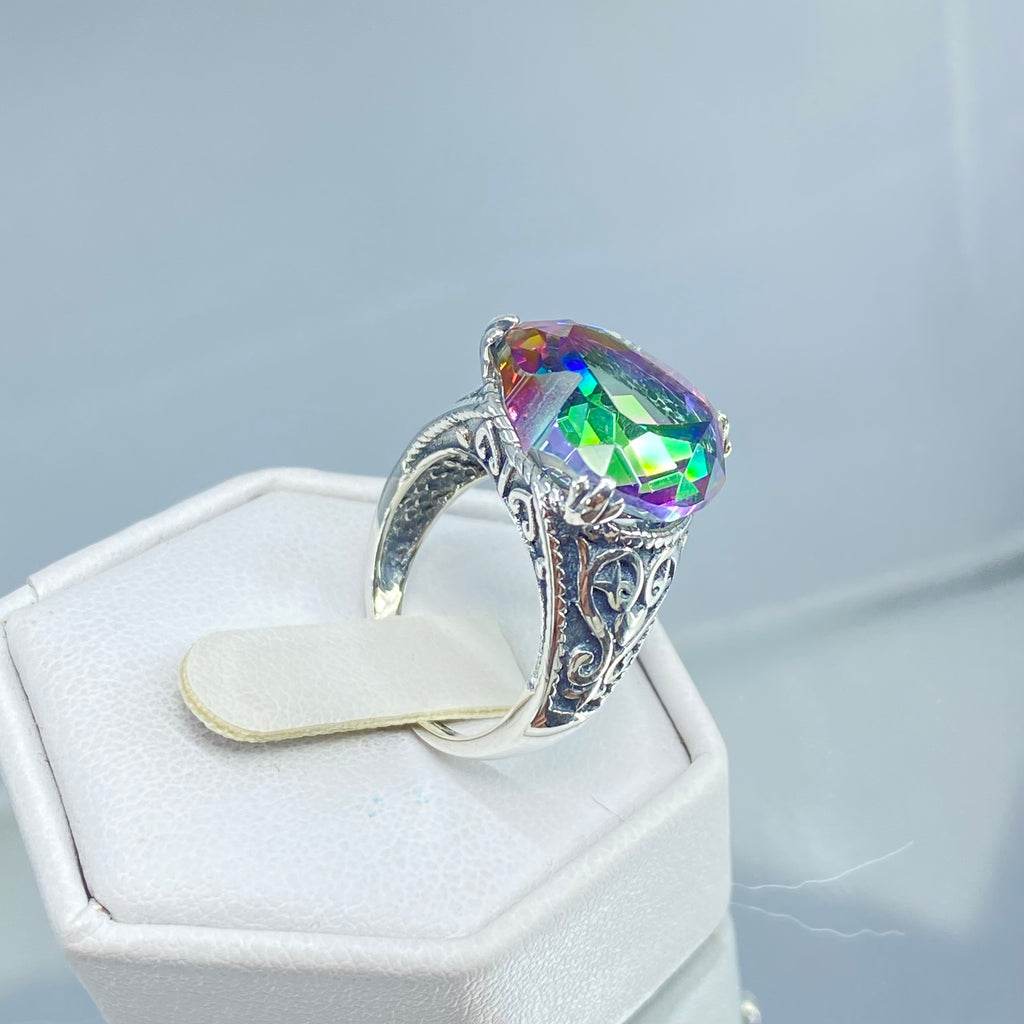 Rainbow Heart Ring, Mystic Topaz Ring, Gothic Sterling silver Filigree, Victorian style, Silver Embrace Jewelry, D132-HeartGoth