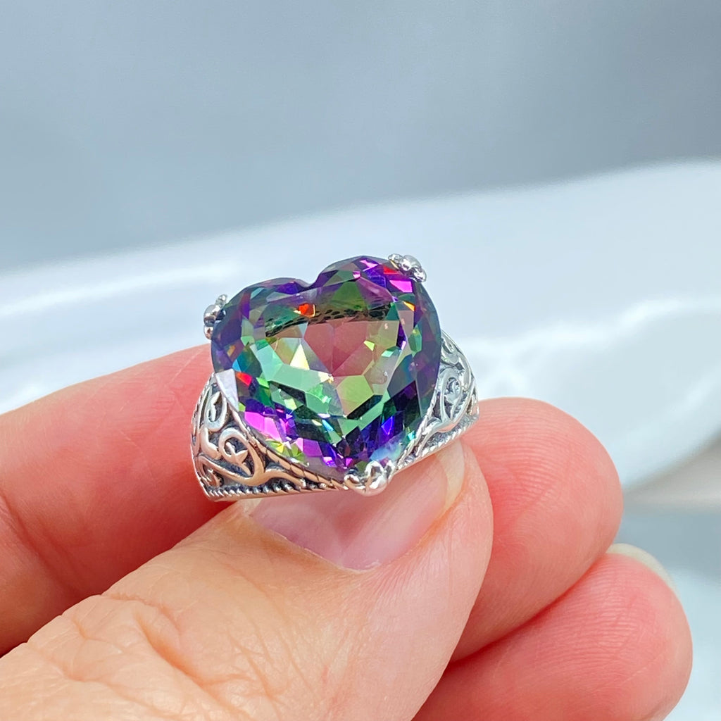 Rainbow Heart Ring, Mystic Topaz Ring, Gothic Sterling silver Filigree, Victorian style, Silver Embrace Jewelry, D132-HeartGoth