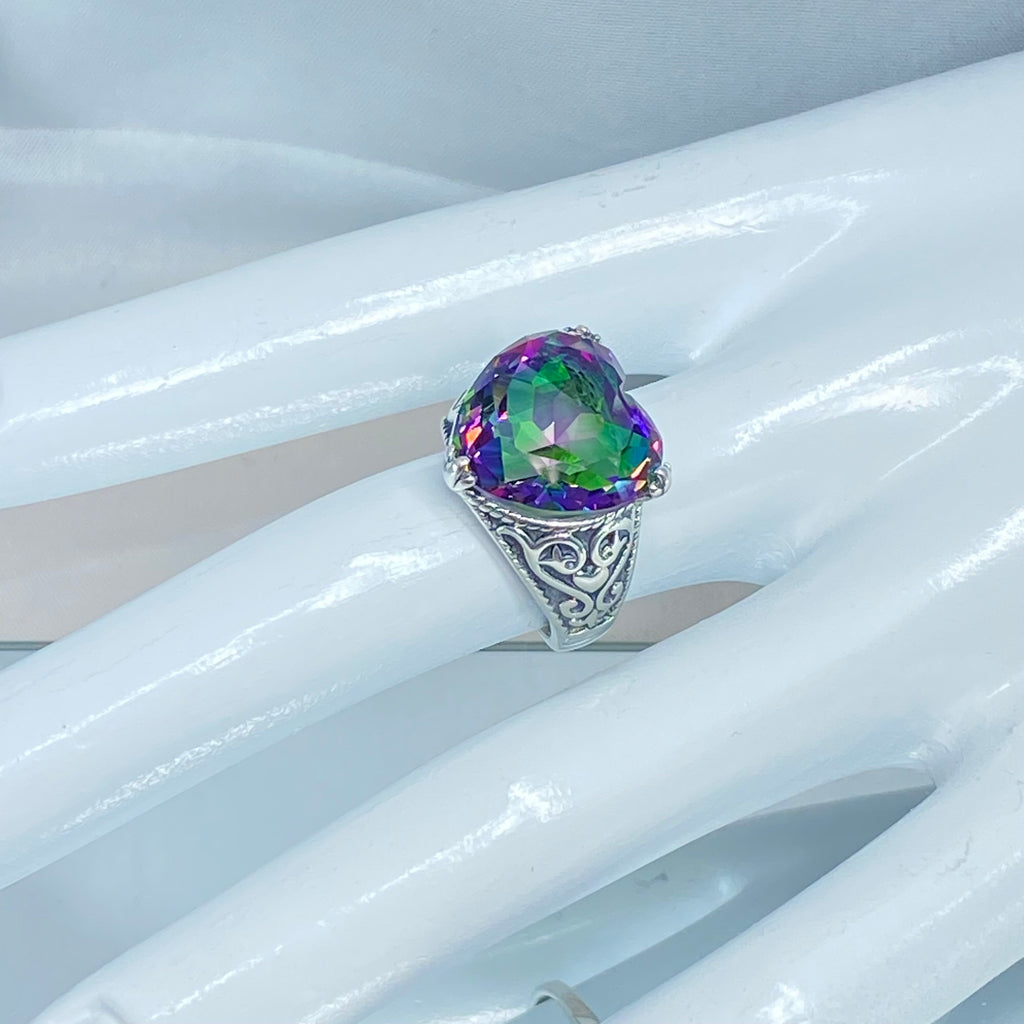 Rainbow Heart Ring, Mystic Topaz Ring, Gothic Sterling silver Filigree, Victorian style, Silver Embrace Jewelry, D132-HeartGoth