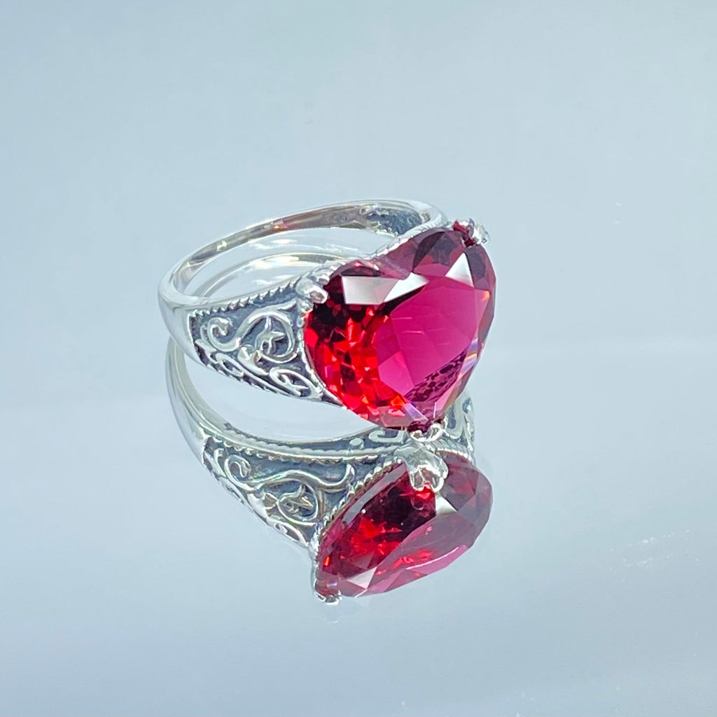 Heart Ring, Ruby Ring, Gothic Sterling silver Filigree, Victorian style, Silver Embrace Jewelry, D132-HeartGoth