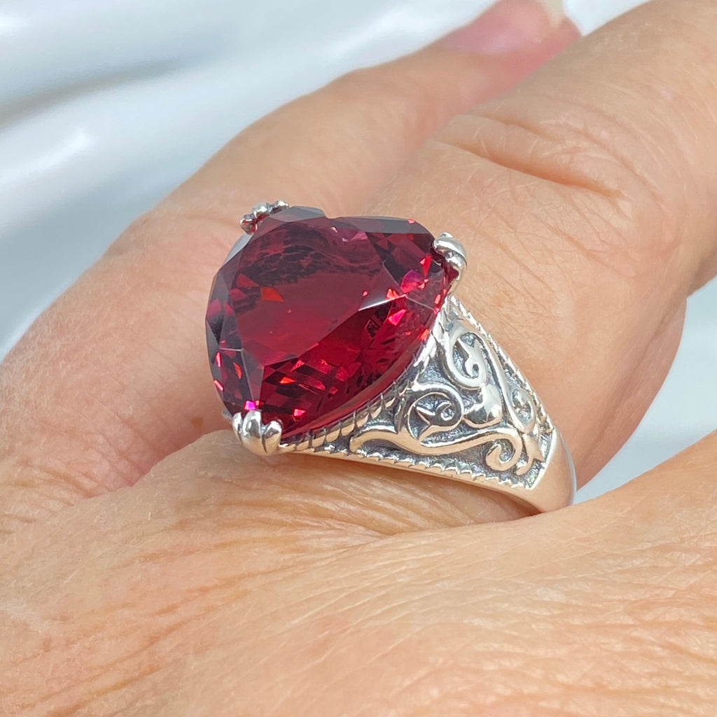 Heart Ring, Ruby Ring, Gothic Sterling silver Filigree, Victorian style, Silver Embrace Jewelry, D132-HeartGoth