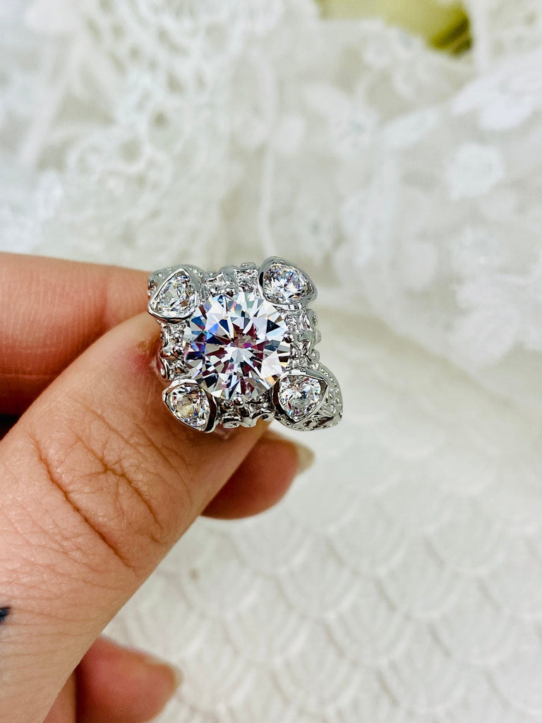 Round 5-Gem Art Deco Ring, White CZ center stone with 4 surrounding White CZ Gems, Art deco Filigree, Sterling silver, Silver Embrace Jewelry D138
