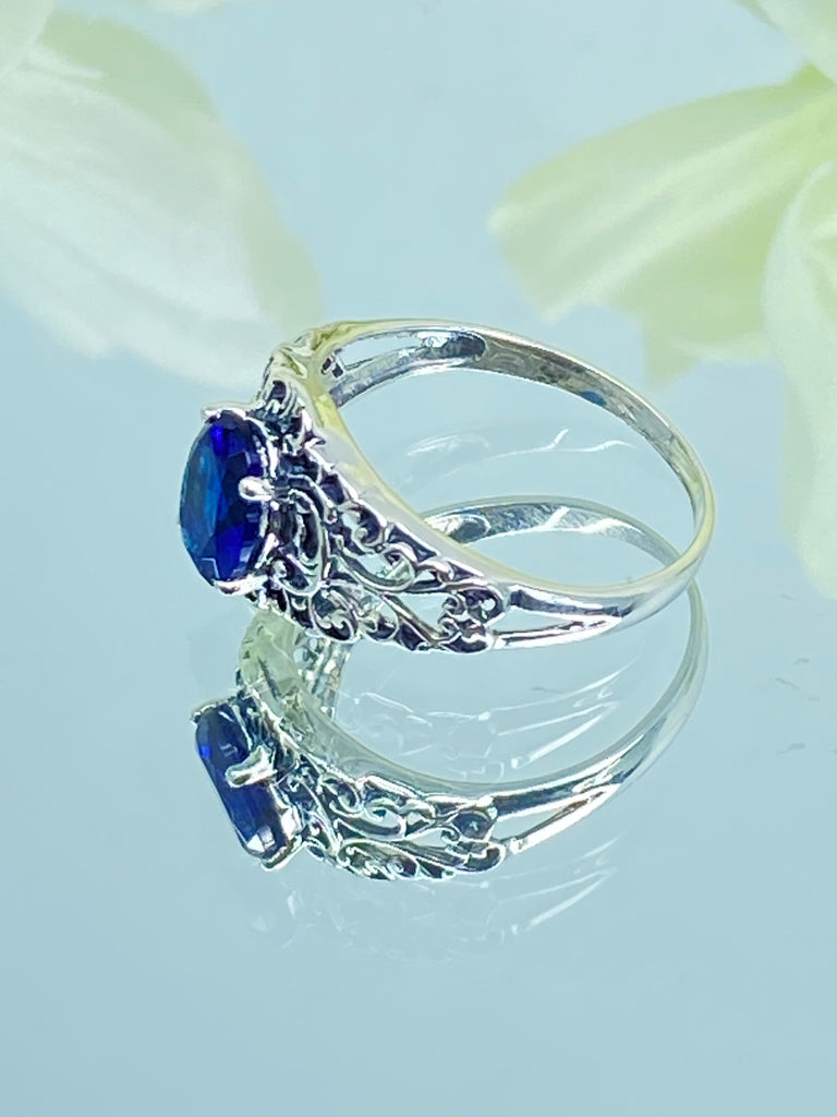 Blue Sapphire Ring, Art Nouveau, sterling silver filigree, Silver Embrace Jewelry D14