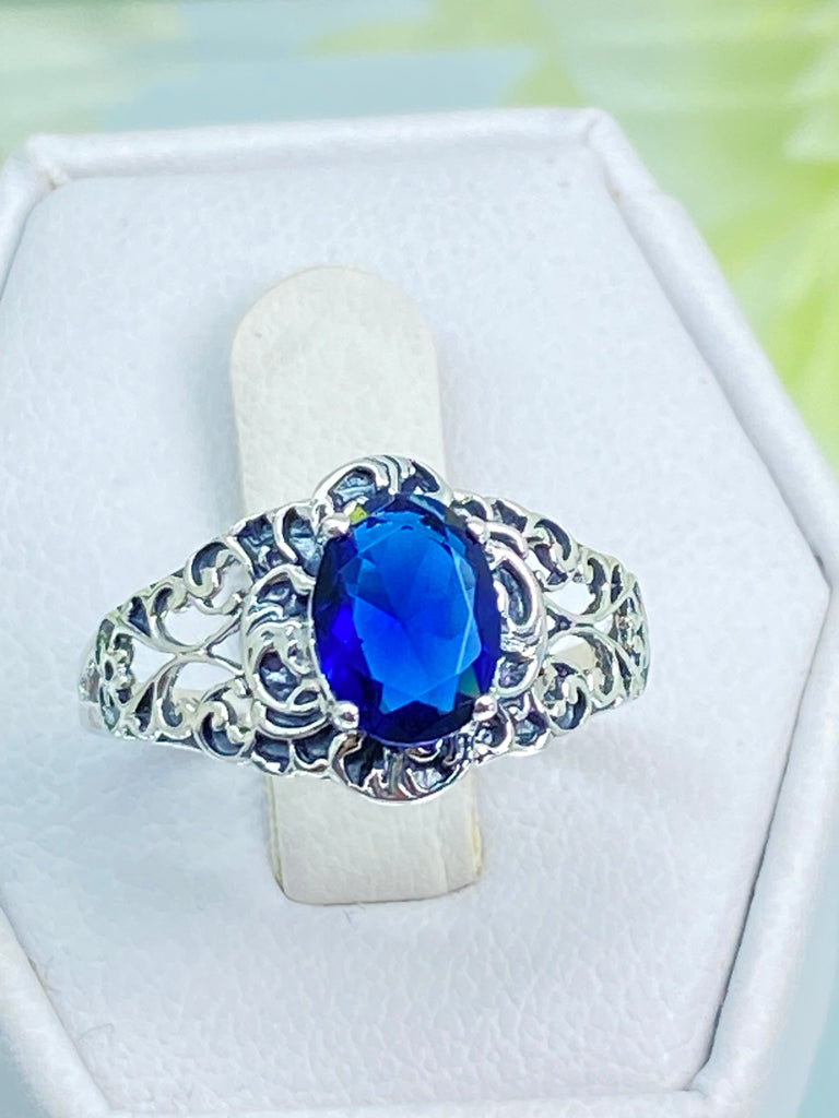 Blue Sapphire Ring, Art Nouveau, sterling silver filigree, Silver Embrace Jewelry D14