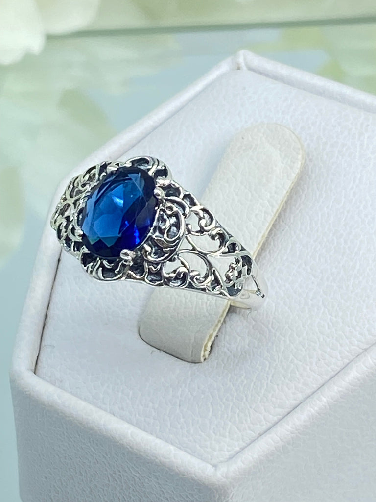 Blue Sapphire Ring, Art Nouveau, sterling silver filigree, Silver Embrace Jewelry D14