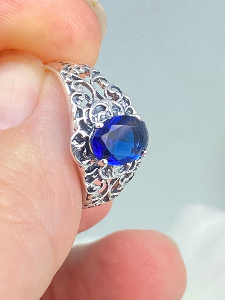 Blue Sapphire Ring, Art Nouveau, sterling silver filigree, Silver Embrace Jewelry D14