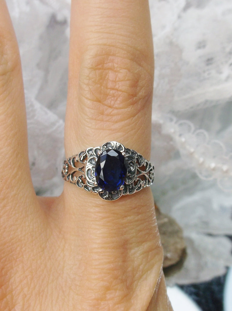 Blue Sapphire Ring, Art Nouveau, sterling silver filigree, Silver Embrace Jewelry D14-