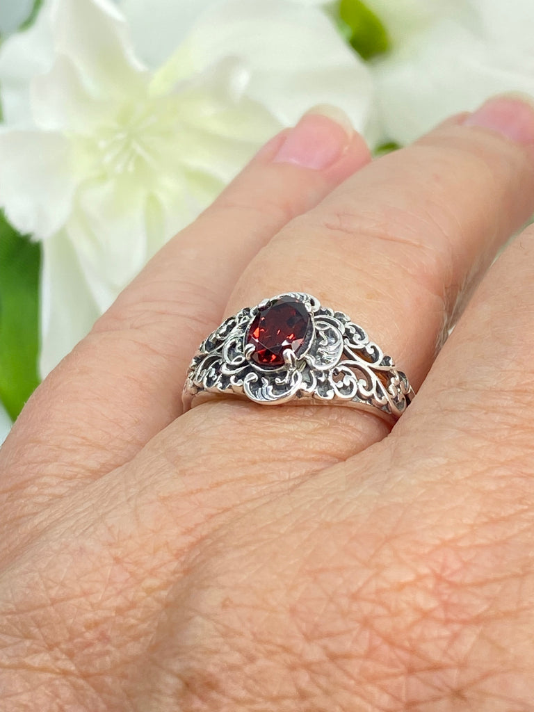 Natural Garnet Ring, oval Red Gemstone in Sterling Silver Filigree, Art Nouveau Jewelry, Silver Embrace Jewelry, #D14