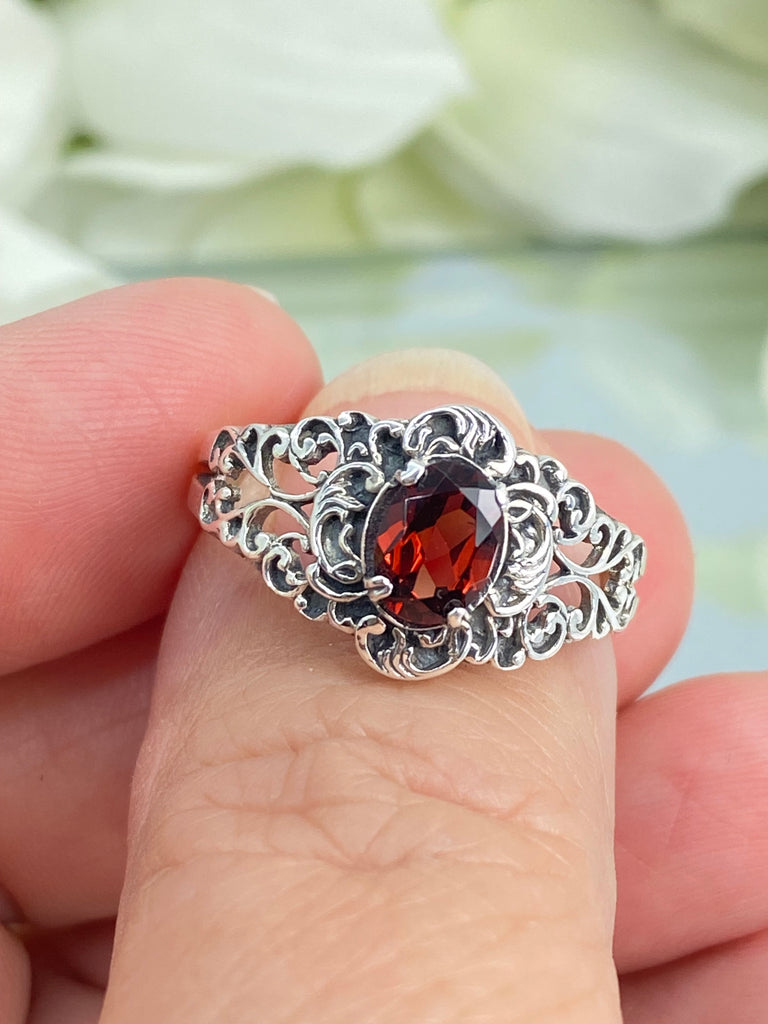 Natural Garnet Ring, oval Red Gemstone in Sterling Silver Filigree, Art Nouveau Jewelry, Silver Embrace Jewelry, #D14