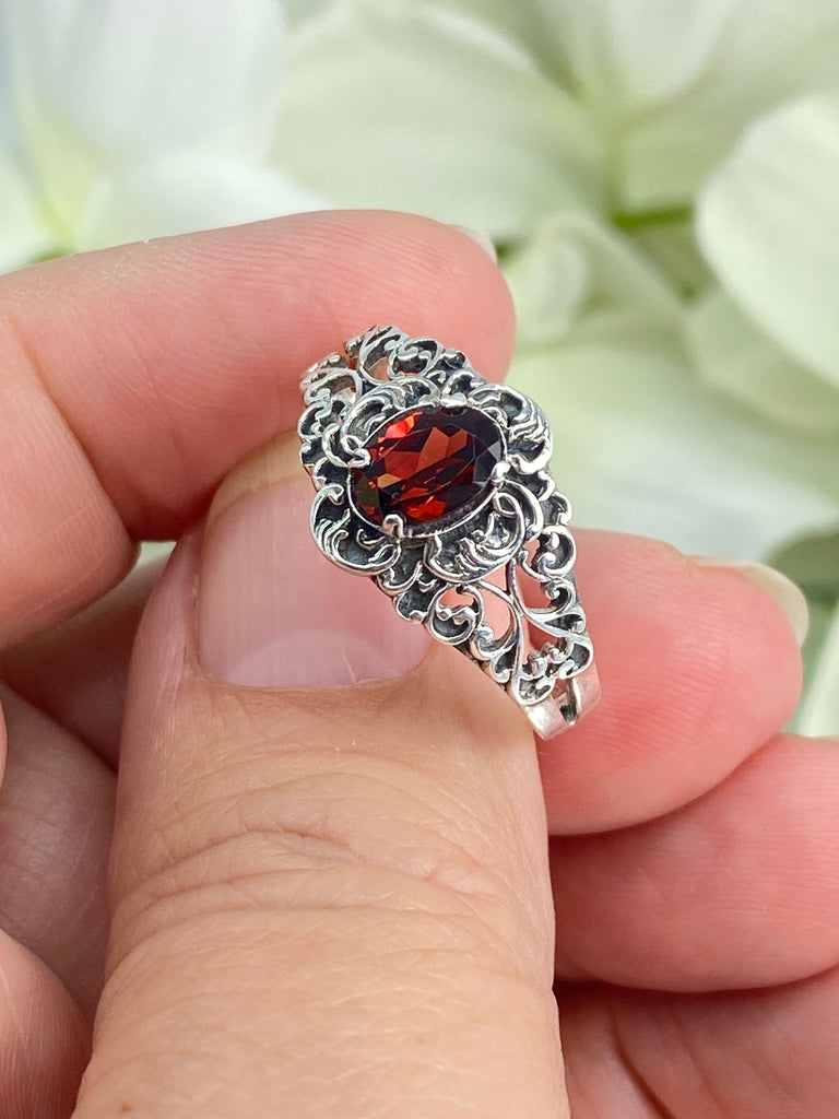 Natural Garnet Ring, oval Red Gemstone in Sterling Silver Filigree, Art Nouveau Jewelry, Silver Embrace Jewelry, #D14