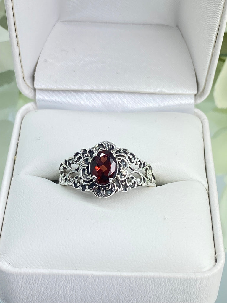 Natural Garnet Ring, oval Red Gemstone in Sterling Silver Filigree, Art Nouveau Jewelry, Silver Embrace Jewelry, #D14