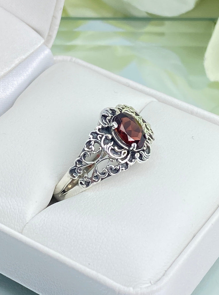 Natural Garnet Ring, oval Red Gemstone in Sterling Silver Filigree, Art Nouveau Jewelry, Silver Embrace Jewelry, #D14