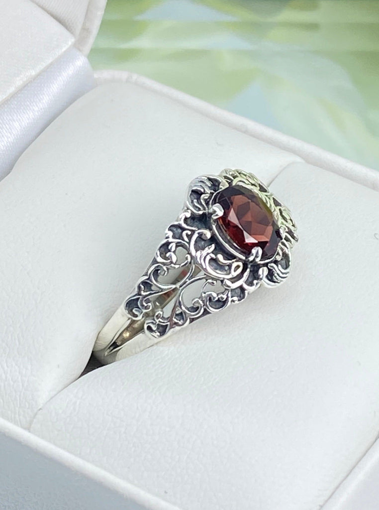 Natural Garnet Ring, oval Red Gemstone in Sterling Silver Filigree, Art Nouveau Jewelry, Silver Embrace Jewelry, #D14