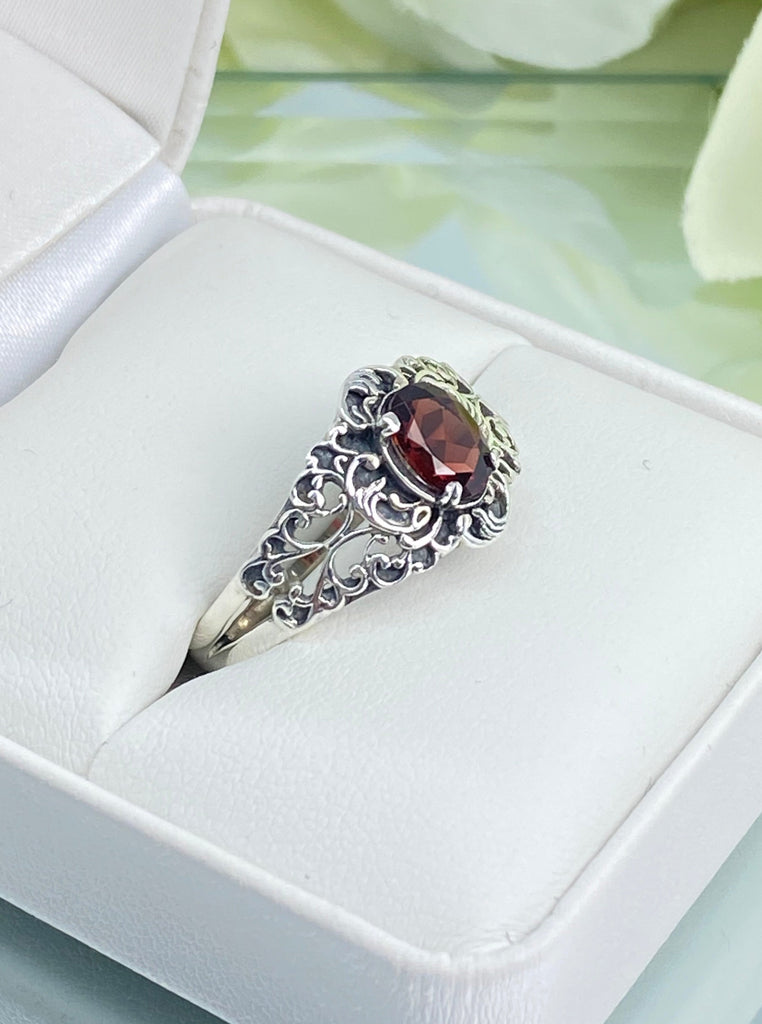 Natural Garnet Ring, oval Red Gemstone in Sterling Silver Filigree, Art Nouveau Jewelry, Silver Embrace Jewelry, #D14