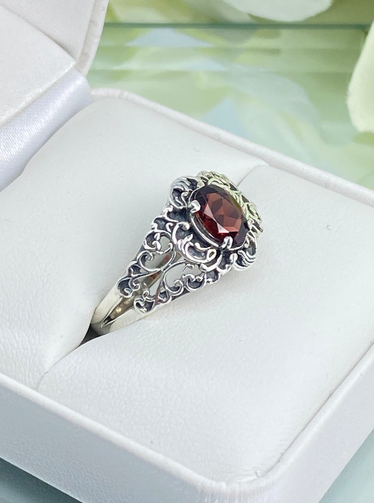 Natural Garnet Ring, oval Red Gemstone in Sterling Silver Filigree, Art Nouveau Jewelry, Silver Embrace Jewelry, #D14