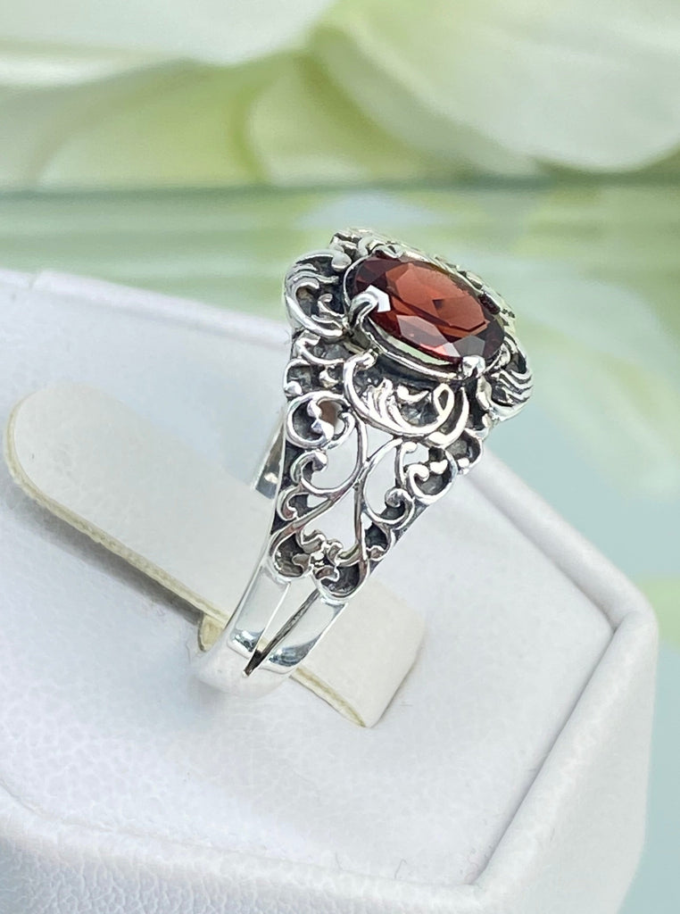 Natural Garnet Ring, oval Red Gemstone in Sterling Silver Filigree, Art Nouveau Jewelry, Silver Embrace Jewelry, #D14