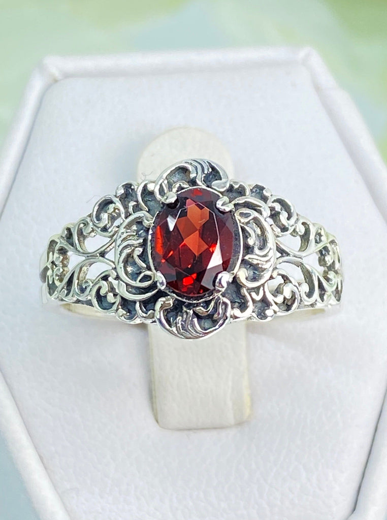 Natural Garnet Ring, oval Red Gemstone in Sterling Silver Filigree, Art Nouveau Jewelry, Silver Embrace Jewelry, #D14