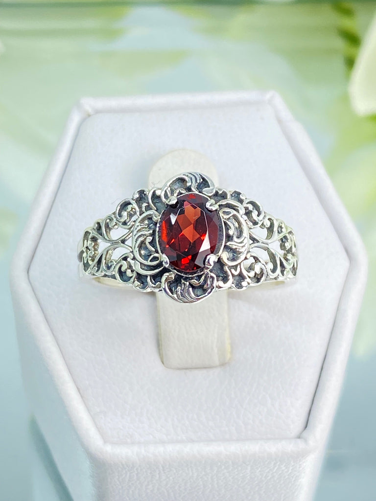 Natural Garnet Ring, oval Red Gemstone in Sterling Silver Filigree, Art Nouveau Jewelry, Silver Embrace Jewelry, #D14