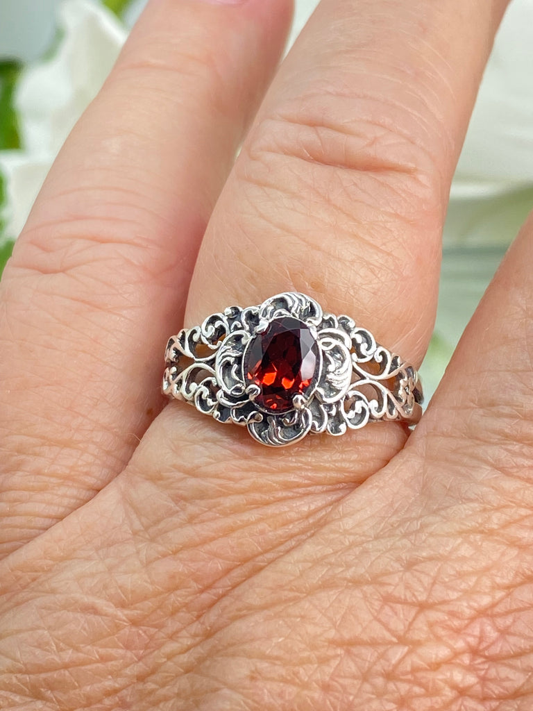 Natural Garnet Ring, oval Red Gemstone in Sterling Silver Filigree, Art Nouveau Jewelry, Silver Embrace Jewelry, #D14