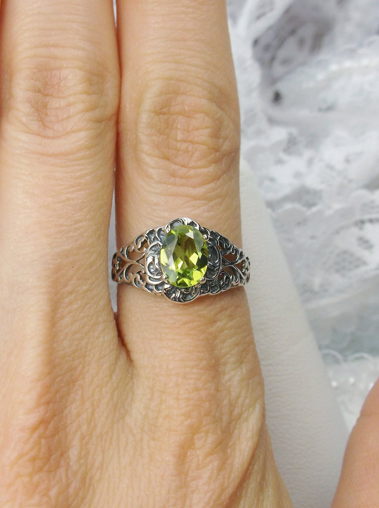 Natural Peridot Ring, Natural Green Peridot Gemstone, sterling Silver Filigree, Art Nouveau design Silver Embrace Jewelry D14