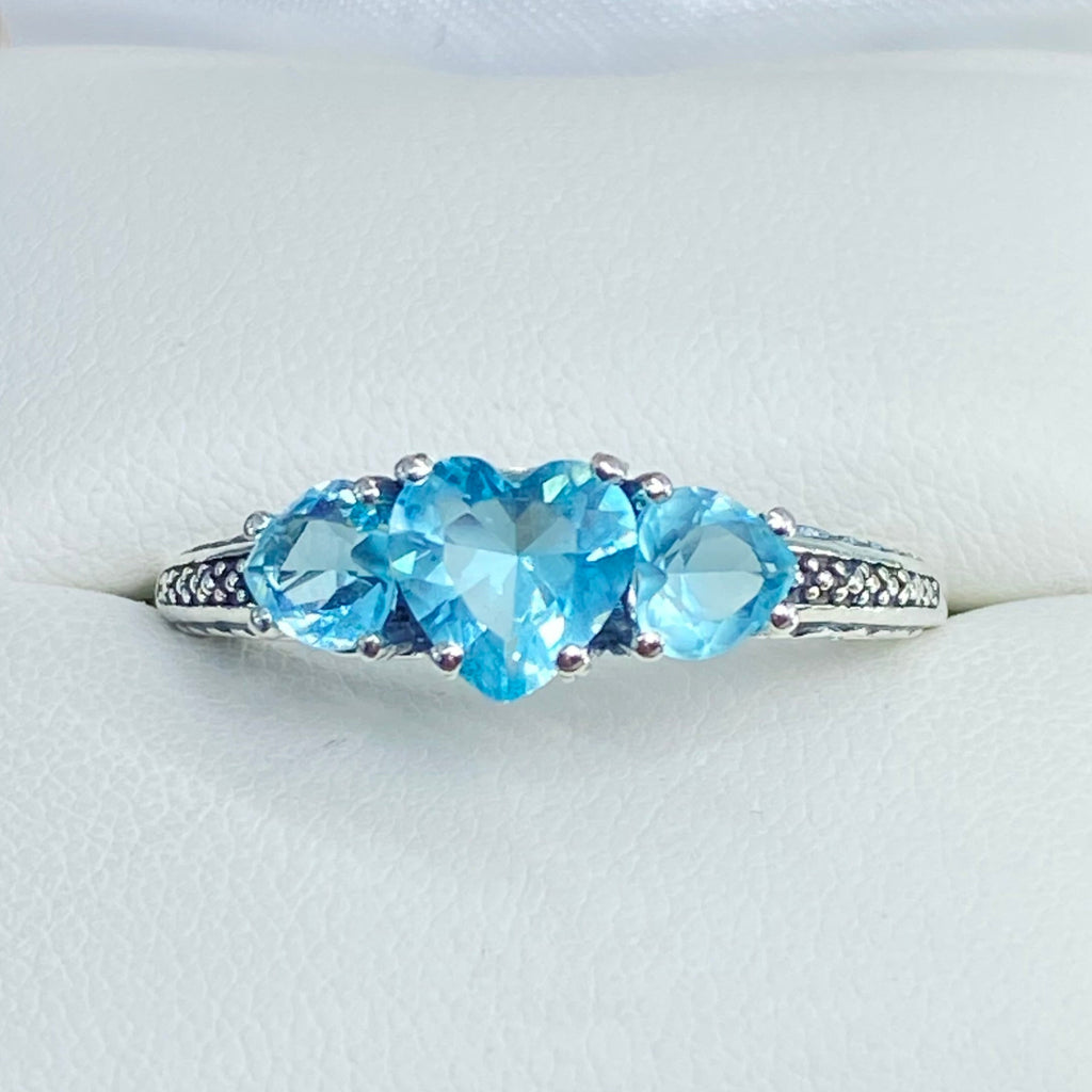 Aquamarine 3 Hearts Ring, Sky blue Gems, Art deco filigree, Sterling silver antique vintage style, D143, Silver Embrace jewelry