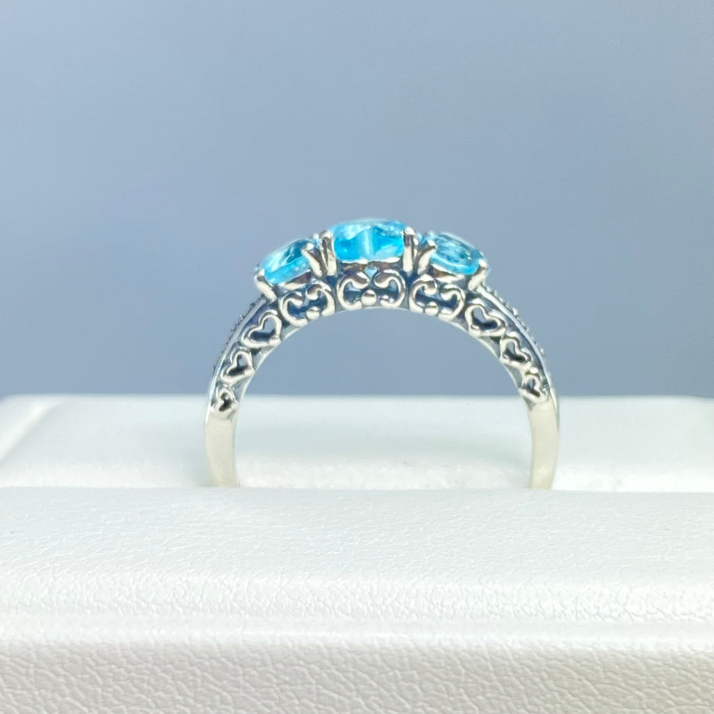 Aquamarine 3 Hearts Ring, Sky blue Gems, Art deco filigree, Sterling silver antique vintage style, D143, Silver Embrace jewelry