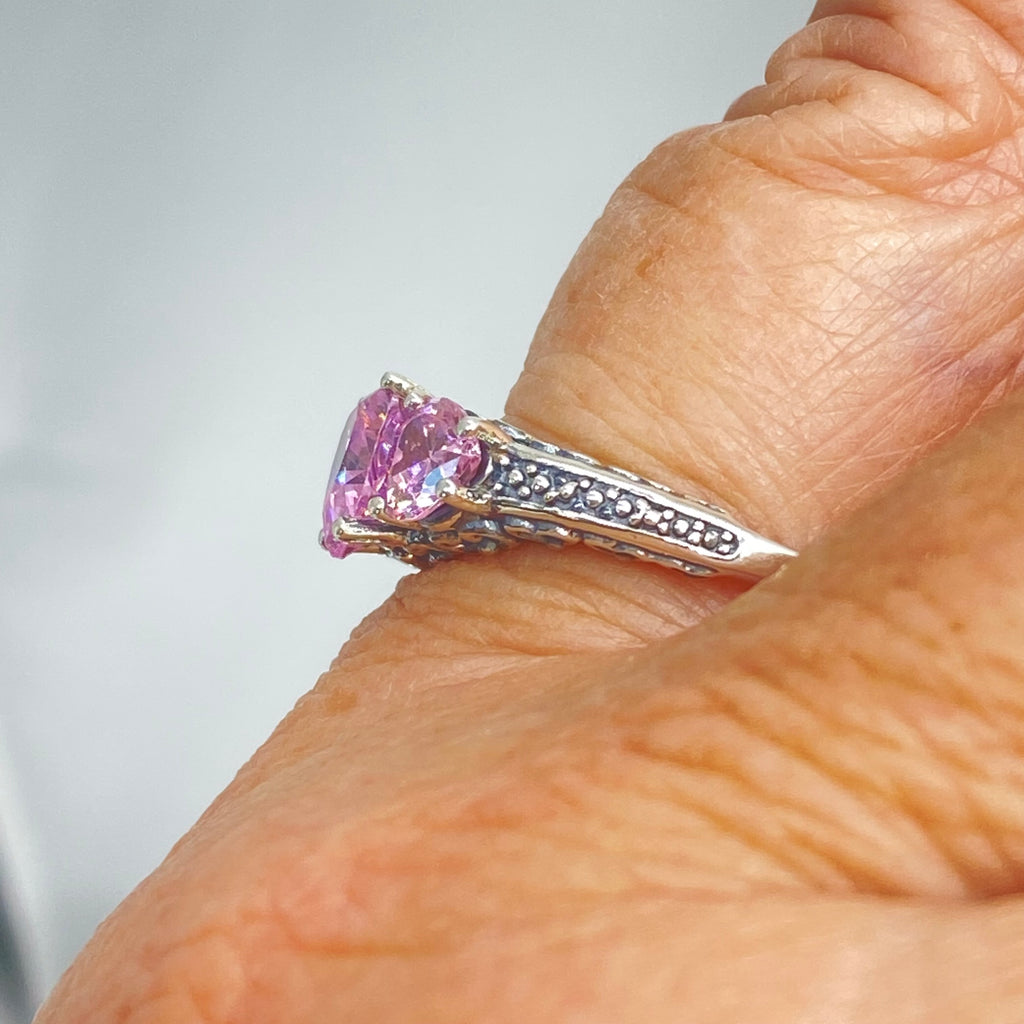 Pink Topaz Ring, Three Hearts, Cubic Zirconia (CZ) Gemstone, Victorian jewelry, Vintage Ring, Silver Embrace Jewelry, D143
