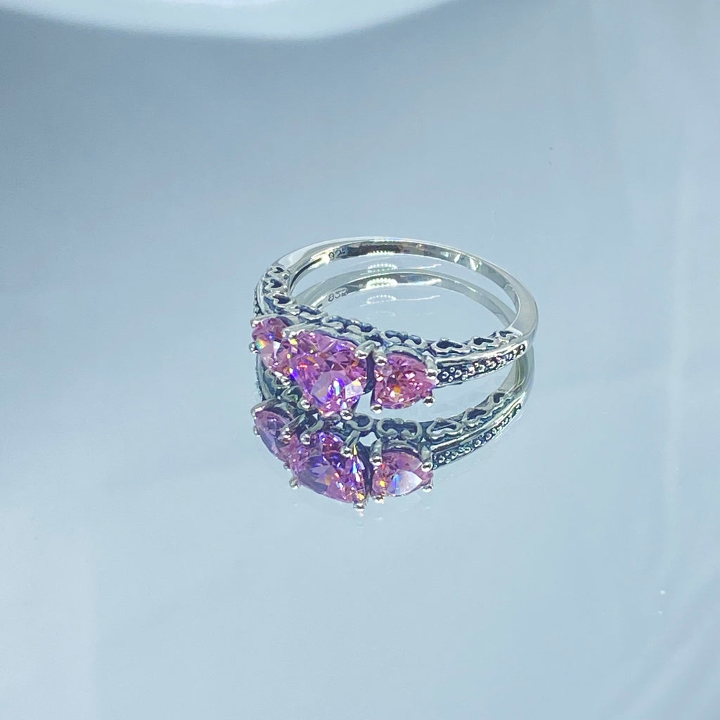 Pink Topaz Ring, Three Hearts, Cubic Zirconia (CZ) Gemstone, Victorian jewelry, Vintage Ring, Silver Embrace Jewelry, D143