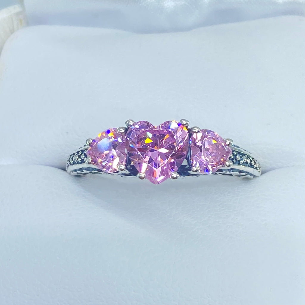 Pink Topaz Ring, Three Hearts, Cubic Zirconia (CZ) Gemstone, Victorian jewelry, Vintage Ring, Silver Embrace Jewelry, D143