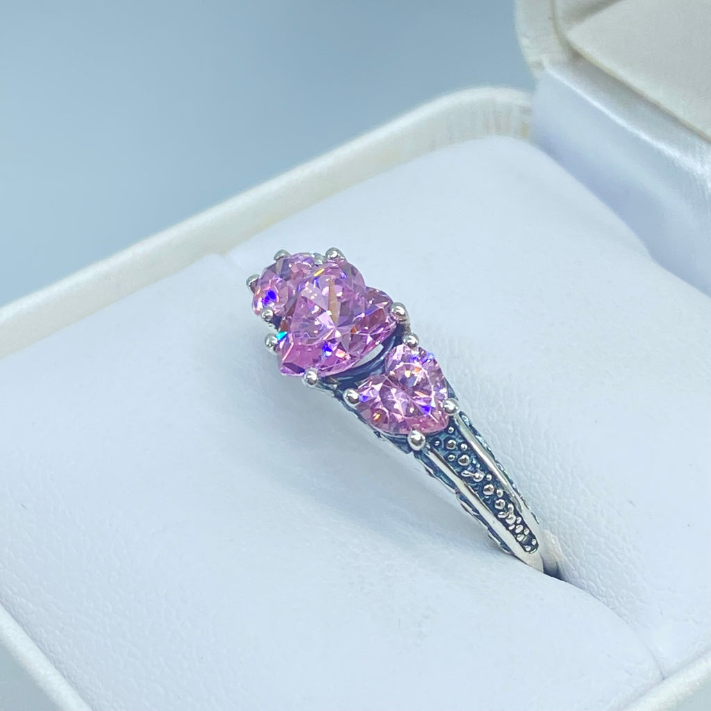 Pink Topaz Ring, Three Hearts, Cubic Zirconia (CZ) Gemstone, Victorian jewelry, Vintage Ring, Silver Embrace Jewelry, D143