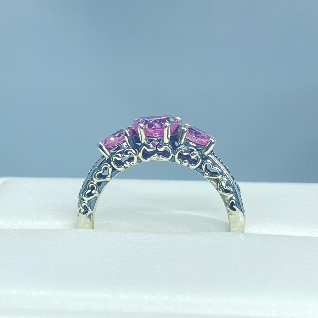 Pink Topaz Ring, Three Hearts, Cubic Zirconia (CZ) Gemstone, Victorian jewelry, Vintage Ring, Silver Embrace Jewelry, D143