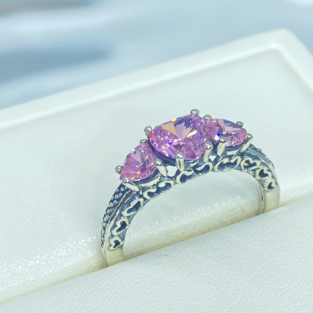 Pink Topaz Ring, Three Hearts, Cubic Zirconia (CZ) Gemstone, Victorian jewelry, Vintage Ring, Silver Embrace Jewelry, D143