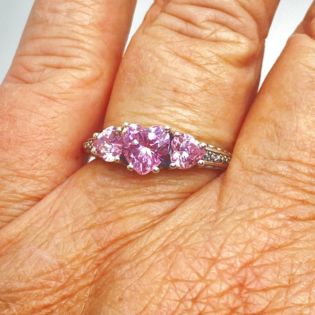 Pink Topaz Ring, Three Hearts, Cubic Zirconia (CZ) Gemstone, Victorian jewelry, Vintage Ring, Silver Embrace Jewelry, D143