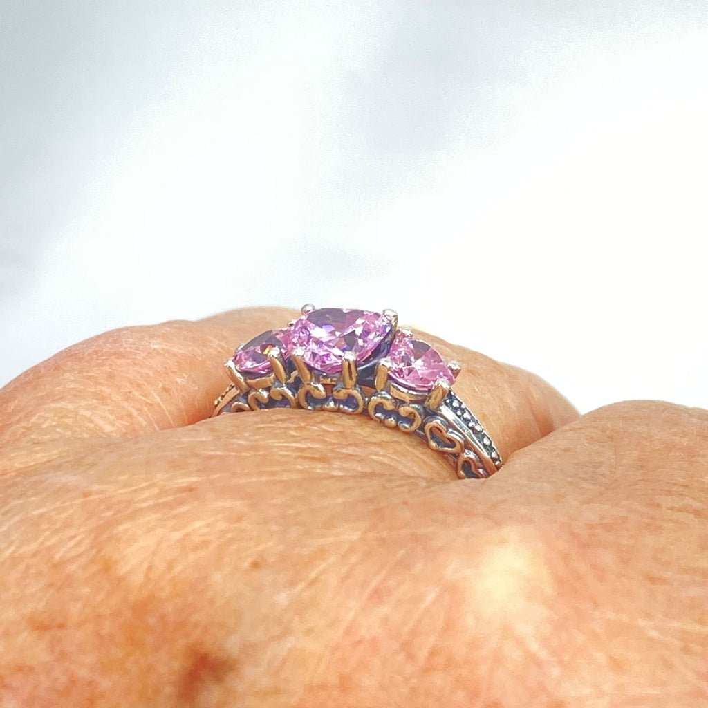 Pink Topaz Ring, Three Hearts, Cubic Zirconia (CZ) Gemstone, Victorian jewelry, Vintage Ring, Silver Embrace Jewelry, D143