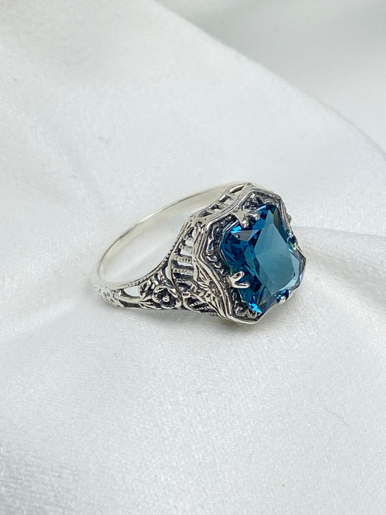 London Blue Topaz Ring, Lovely Rectangle, Victorian Jewelry, Edwardian style, Silver Embrace Jewelry, D148