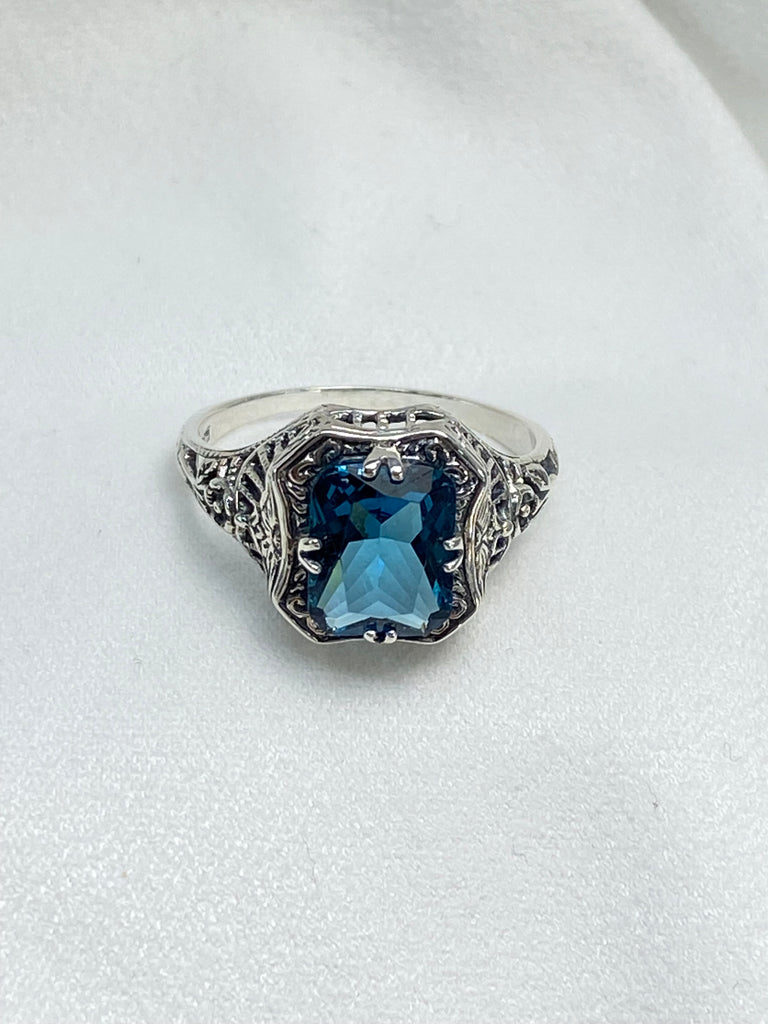 London Blue Topaz Ring, Lovely Rectangle, Victorian Jewelry, Edwardian style, Silver Embrace Jewelry, D148