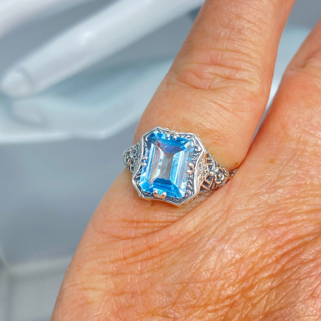 Natural Blue Topaz Ring, Lovely Rectangle, Victorian Jewelry, Sterling Silver Filigree, D148, Silver Embrace Jewelry