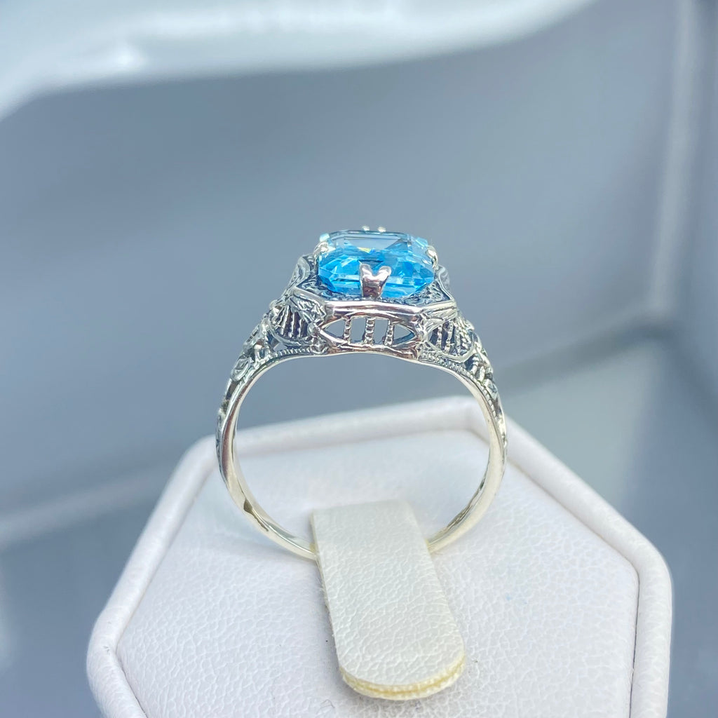 Natural Blue Topaz Ring, Lovely Rectangle, Victorian Jewelry, Sterling Silver Filigree, D148, Silver Embrace Jewelry