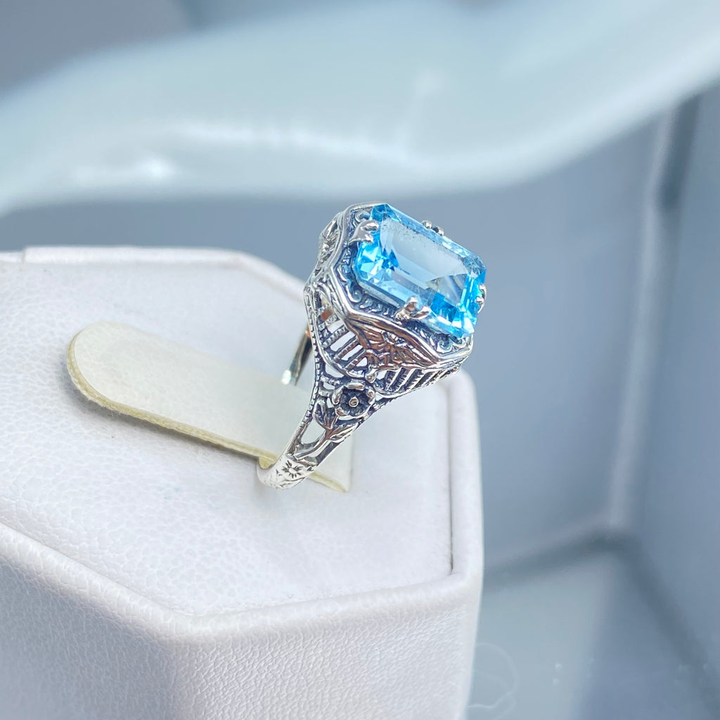 Natural Blue Topaz Ring, Lovely Rectangle, Victorian Jewelry, Sterling Silver Filigree, D148, Silver Embrace Jewelry