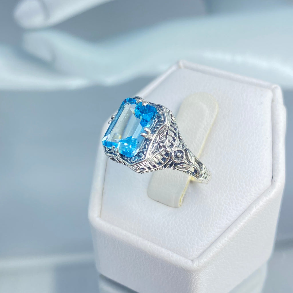 Natural Blue Topaz Ring, Lovely Rectangle, Victorian Jewelry, Sterling Silver Filigree, D148, Silver Embrace Jewelry