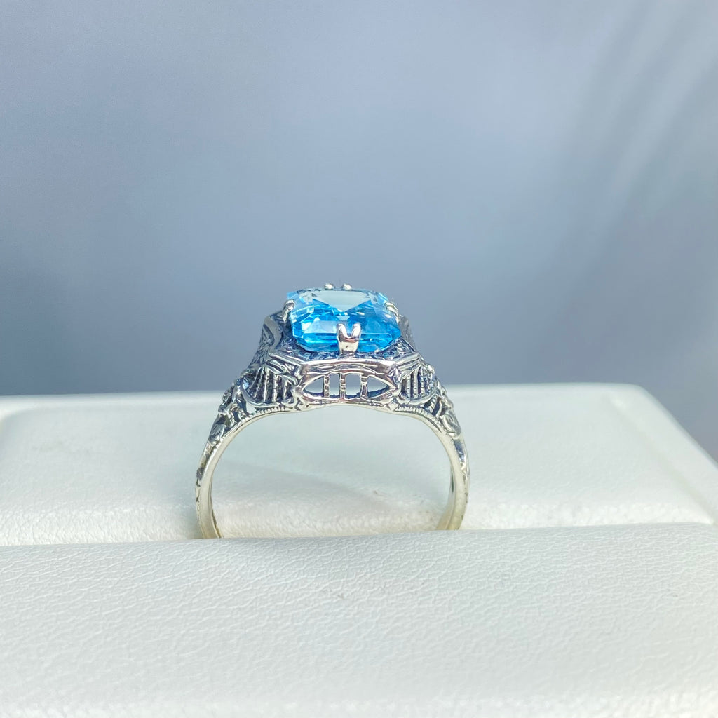 Natural Blue Topaz Ring, Lovely Rectangle, Victorian Jewelry, Sterling Silver Filigree, D148, Silver Embrace Jewelry