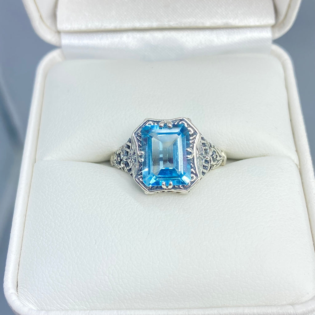 Natural Blue Topaz Ring, Lovely Rectangle, Victorian Jewelry, Sterling Silver Filigree, D148, Silver Embrace Jewelry