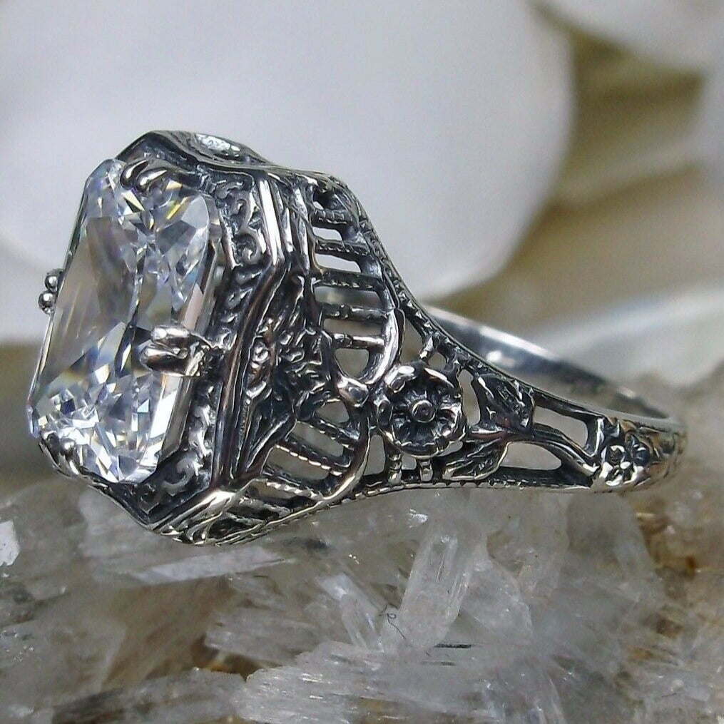 White CZ Ring, Lovely Rectangle Design, Sterling Silver Filigree, Edwardian Jewelry, Silver Embrace jewelry, D148 lovely rectangle