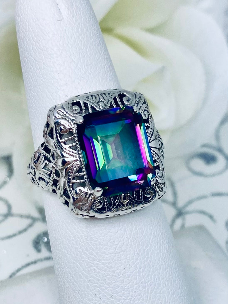 Natural Mystic Topaz Ring, Natural Rectangle Victorian Ring, Sterling Silver, Intricate Filigree, Silver Embrace jewelry, Antique Jewelry, D149 Intricate Ring