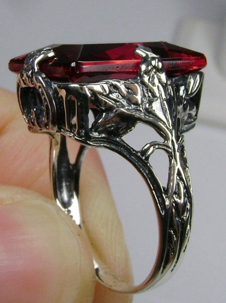 Ruby Ring, Simulated Gemstone, Art Deco 1930s Leaf and floral sterling silver filigree, Reproduction Vintage Jewelry, D15, Silver Embrace Jewelry