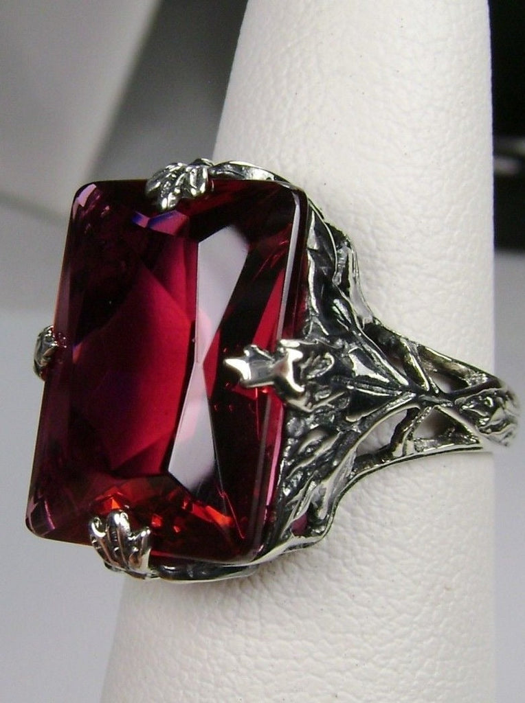 Ruby Ring, Simulated Gemstone, Art Deco 1930s Leaf and floral sterling silver filigree, Reproduction Vintage Jewelry, D15, Silver Embrace Jewelry