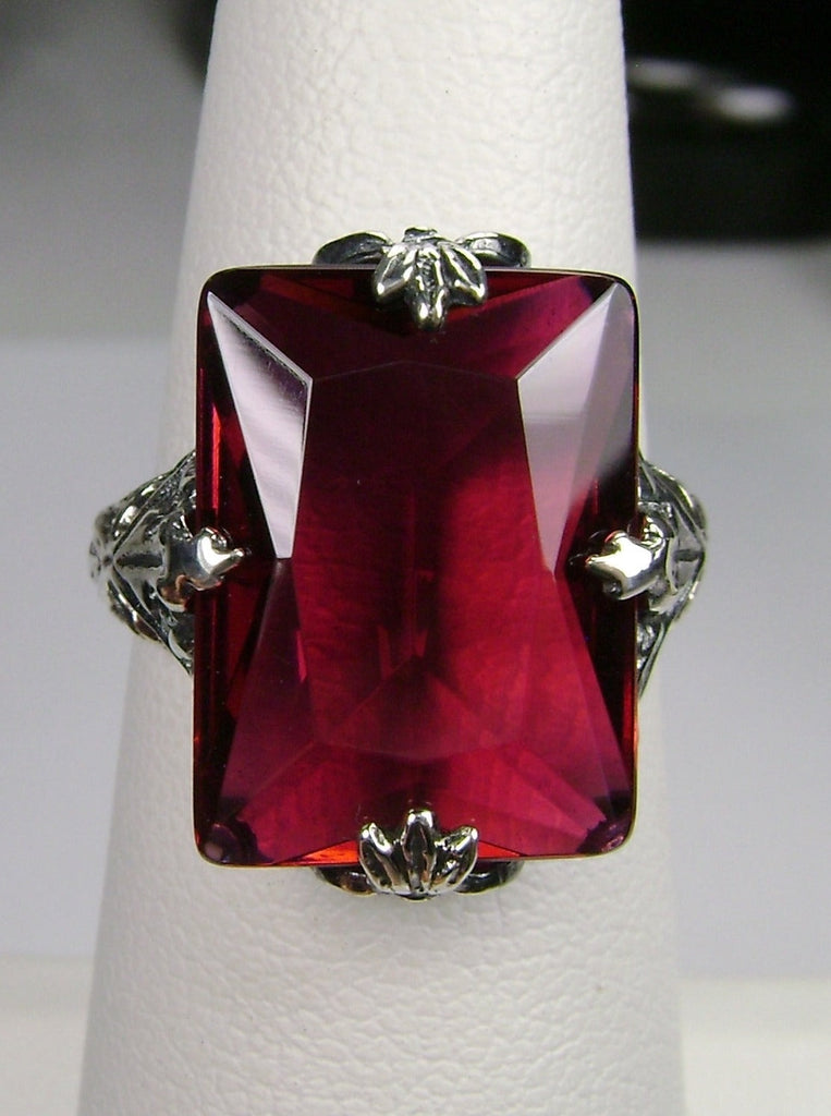 Ruby Ring, Simulated Gemstone, Art Deco 1930s Leaf and floral sterling silver filigree, Reproduction Vintage Jewelry, D15, Silver Embrace Jewelry