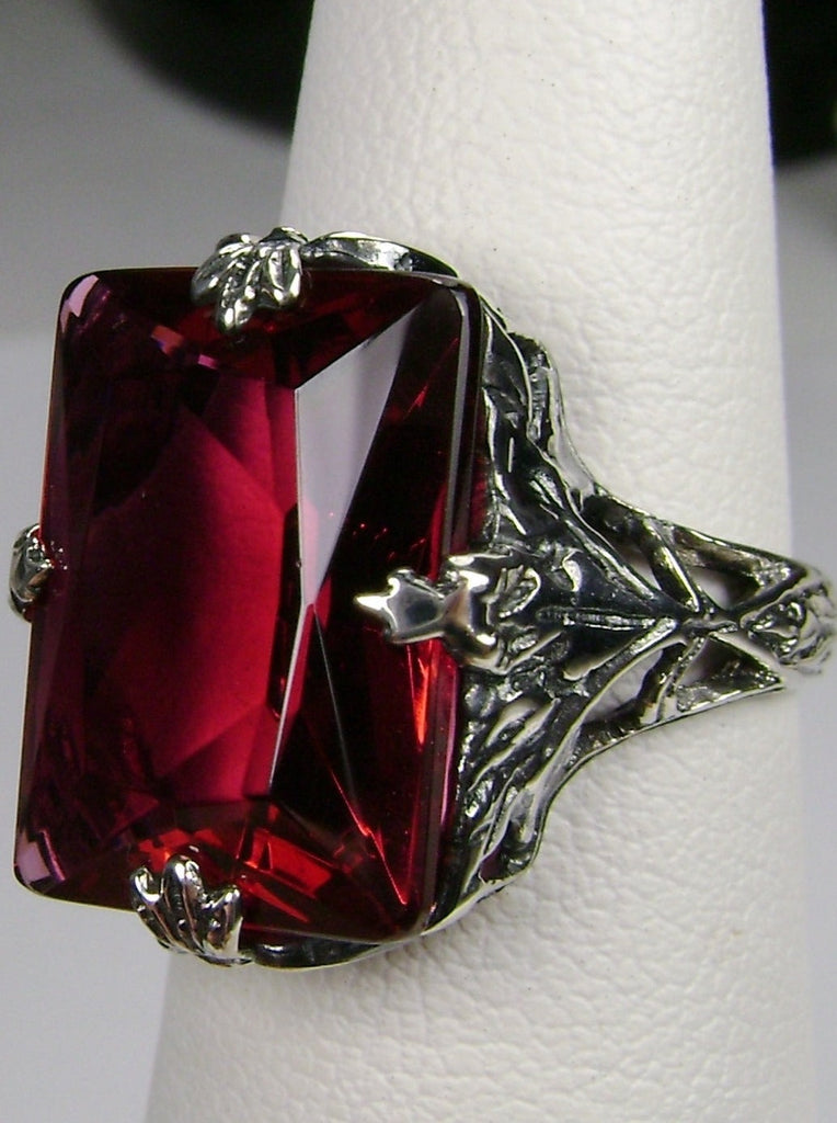 Ruby Ring, Simulated Gemstone, Art Deco 1930s Leaf and floral sterling silver filigree, Reproduction Vintage Jewelry, D15, Silver Embrace Jewelry