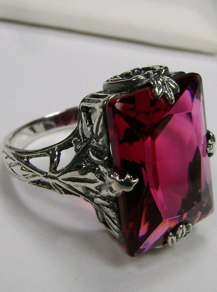 Ruby Ring, Simulated Gemstone, Art Deco 1930s Leaf and floral sterling silver filigree, Reproduction Vintage Jewelry, D15, Silver Embrace Jewelry